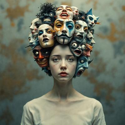 The primary subject of the image is a woman with a unique hairstyle, featuring a head full of faces. The setting is a room with a wall, and the visual style appears to be a combination of a photo and digital art. The dominant colors in the image are black and white, giving it a dramatic and artistic atmosphere.